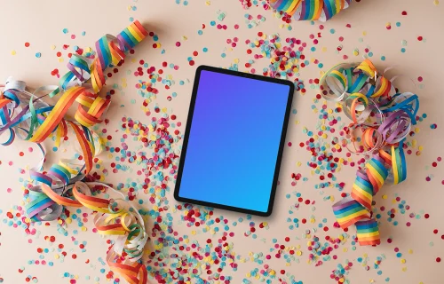 Tablet mockup with rainbow confetti