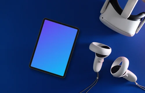 Tablet mockup with VR headset and headphones on blue background