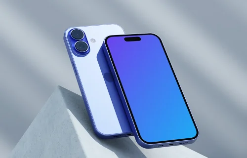 Ultramarine iPhone 16 mockup on geometric shapes