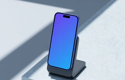 Ultramarine iPhone 16 mockup on modern stand