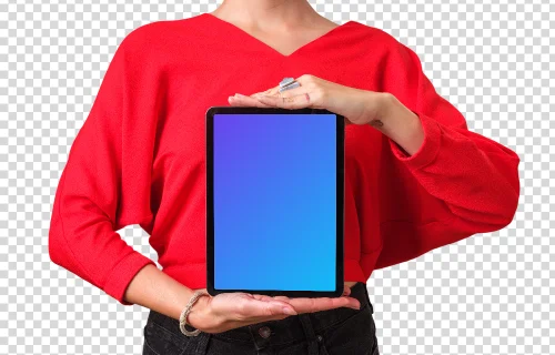 Woman framing iPad mockup with both hands