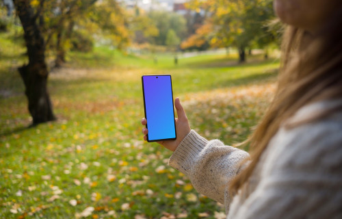 Woman hand holding a phone mockup in the autumn season