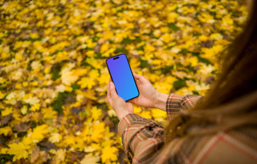 Woman hands holding an iPhone 14 Pro in autumn theme mockup