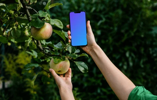 Mujer sosteniendo un iPhone mockup mientras agarra una manzana