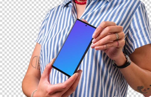 Woman holding Google Pixel mockup with both hands