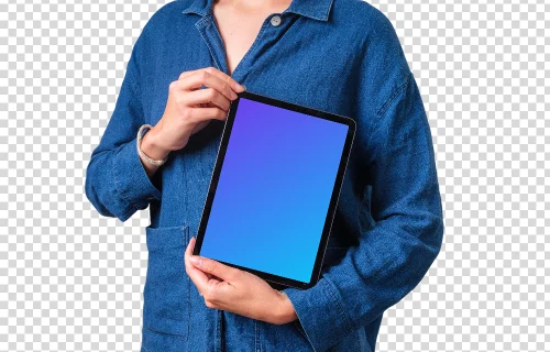 Woman in denim shirt holding iPad mockup