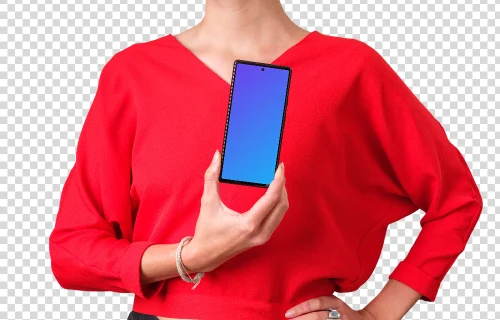 Woman in red shirt holding Google Pixel mockup in one hand