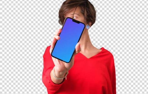 Mulher de camiseta vermelha segurando o iPhone mockup na frente do rosto