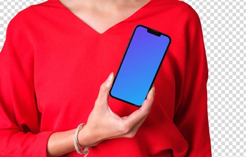 Woman in red shirt holding iPhone mockup in one hand