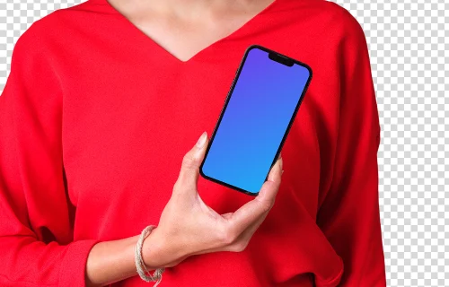 Mujer con camisa roja sosteniendo el iPhone mockup en una mano