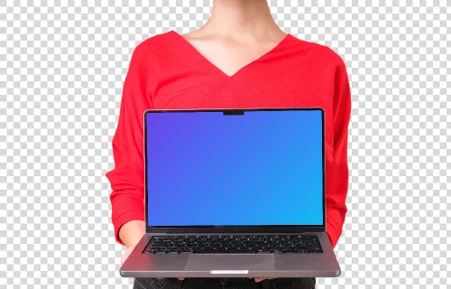 Woman in red shirt holding MacBook mockup