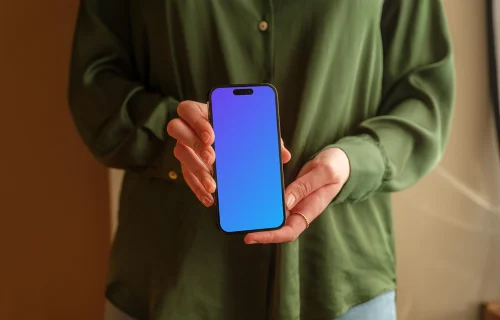 Woman standing and presenting a iPhone mockup