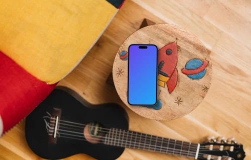 Youthful smartphone mockup with artistic wooden decor