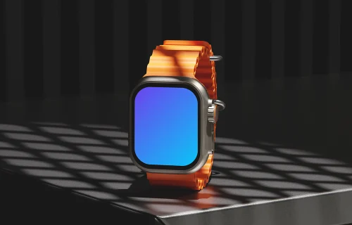 Apple Watch Ultra mockup with orange band on a modern surface