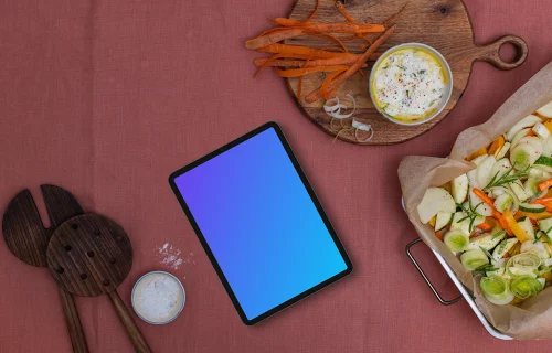Baking pan next to the tablet mockup