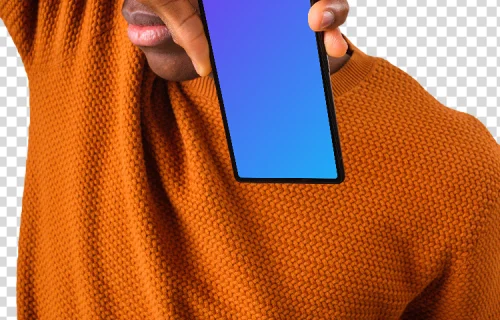 Close up of the Google Pixel mockup next to the man's face