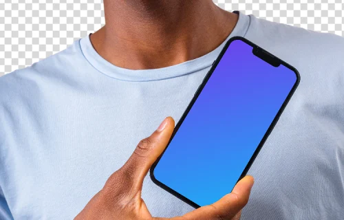 Close up of the iPhone mockup next to the man's face