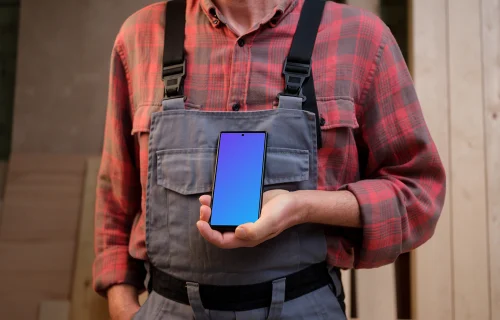 Crafter in overalls holding a Google Pixel 6 mockup
