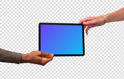 Diverse hands reaching to iPad mockup