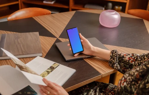 Female empowered with Google Pixel 6 mockup in the office