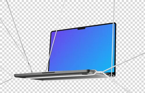 Floating MacBook Pro 14 inch mockup held by ropes on transparent background