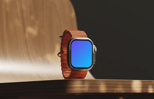 Free Apple Watch Ultra mockup on a wooden table