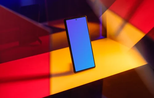 Google Pixel 6 mockup standing on a yellow pad