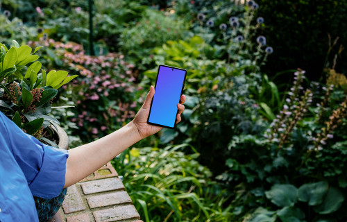 Hand holding a phone mockup with background full of plants