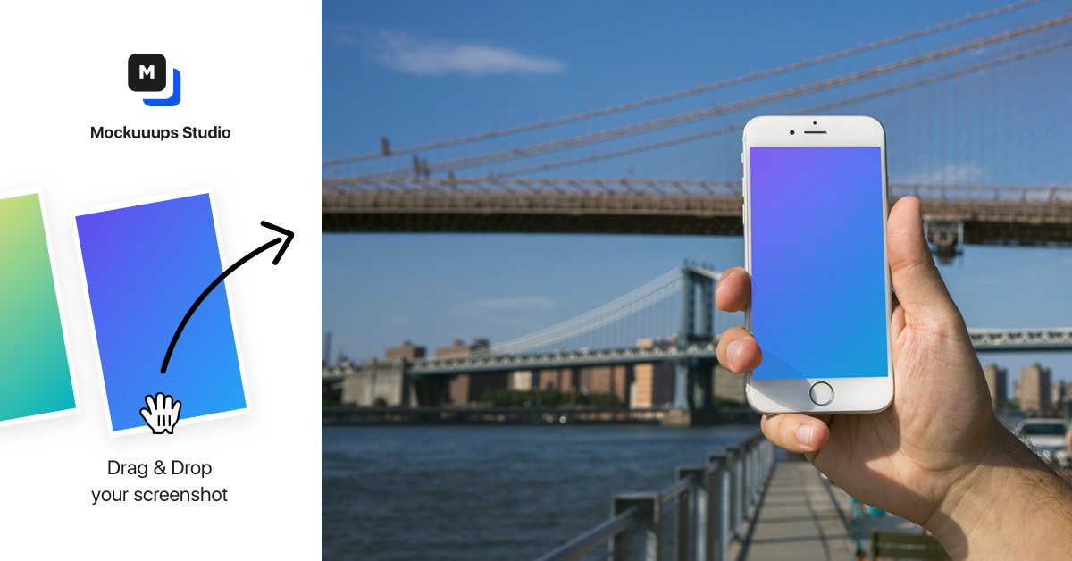Download Holding iPhone 6 mockup in front of Brooklyn Bridge - Mockuuups Studio