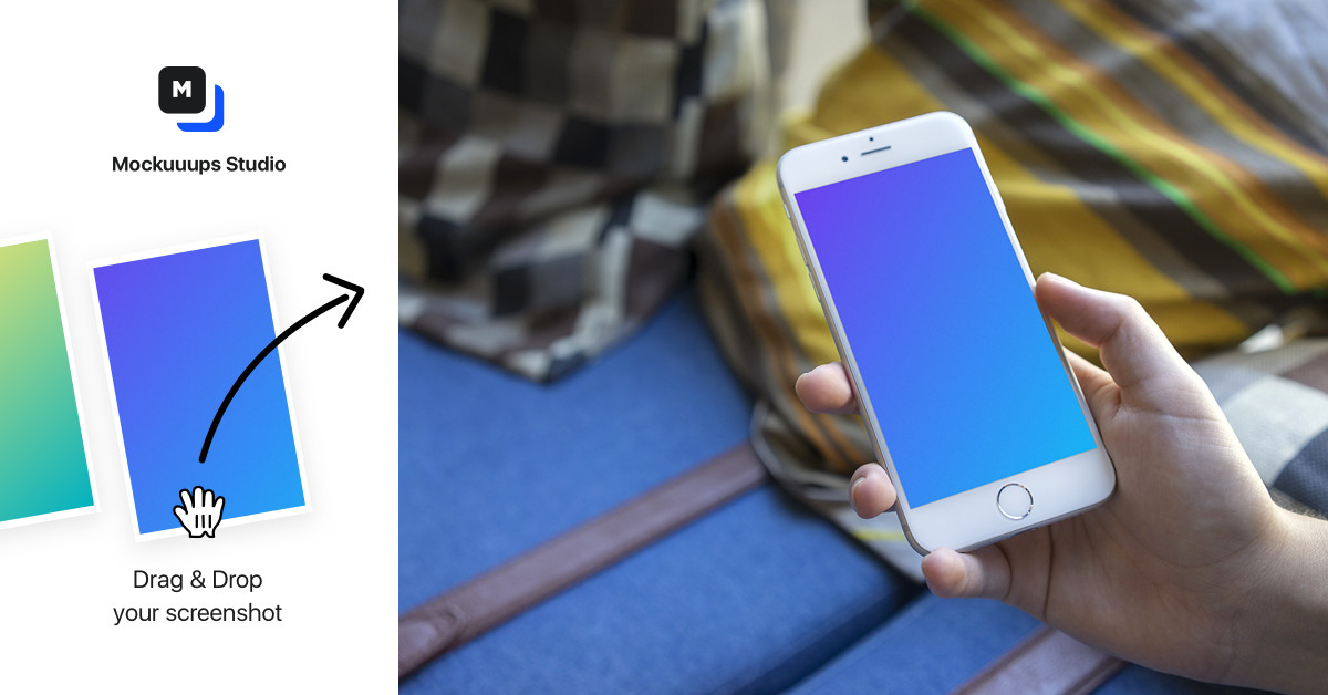 Download Holding iPhone 6 mockup on a Sofa with Pillows - Mockuuups Studio