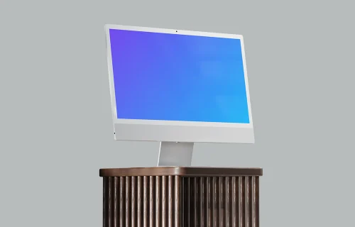 iMac mockup on a textured wooden stand