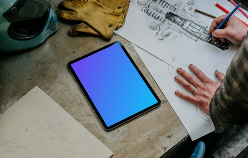 iPad Air mockup beside a technical drawing