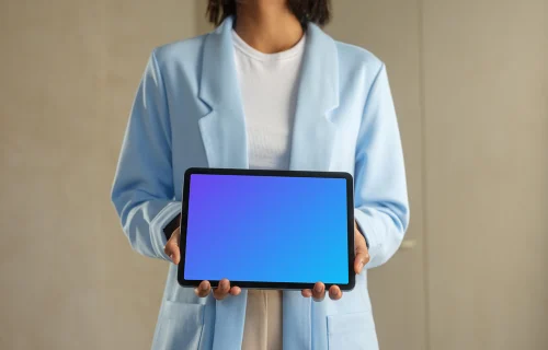 iPad Air mockup held by woman in professional attire