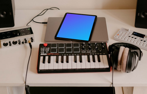 iPad Air mockup in the small podcast studio