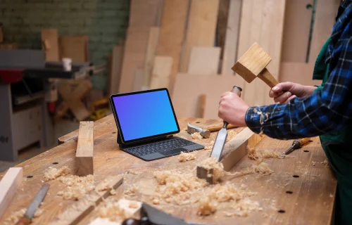 iPad Air mockup in the woodworking workshop