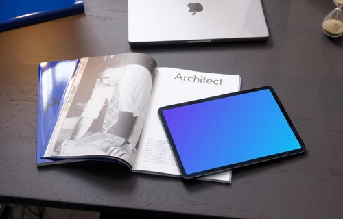iPad Air mockup on a table with magazine