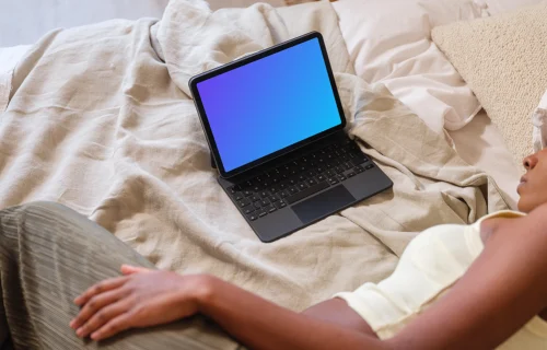 iPad Air mockup on cozy home bedding