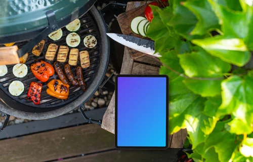 iPad mockup with grilled vegetables next to it
