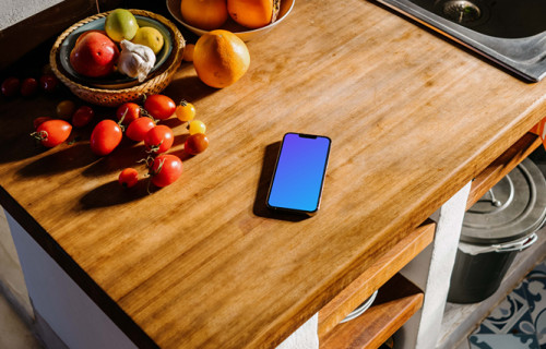 iPhone 13 Pro mockup on a kitchen counter