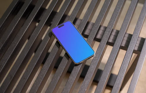 iPhone 15 Pro mockup on modern wooden bench