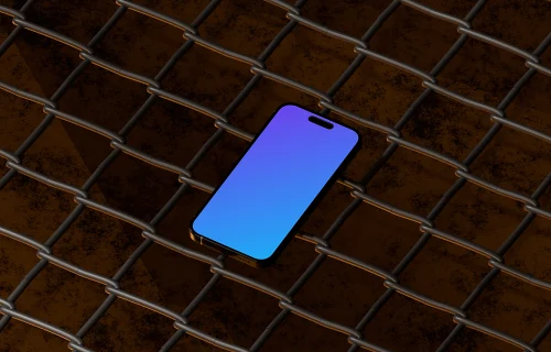 iPhone 16 mockup on a metal grid surface