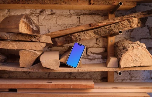 iPhone mockup between wooden boards