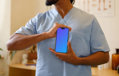 iPhone mockup in doctor’s hands