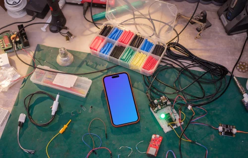 iPhone mockup surrounded by electric tools