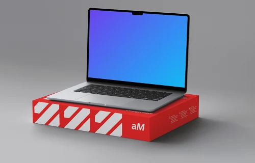 MacBook Air mockup on a branded red box