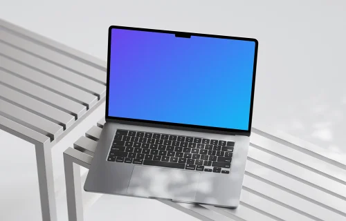 MacBook Air mockup on a modern slatted bench