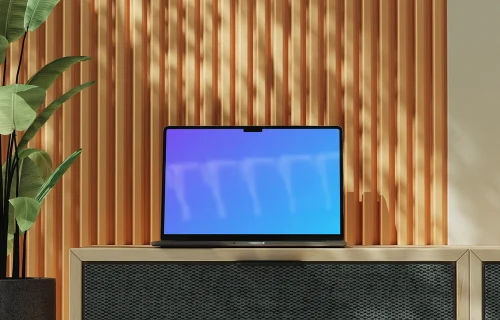 MacBook Air mockup on a wooden console