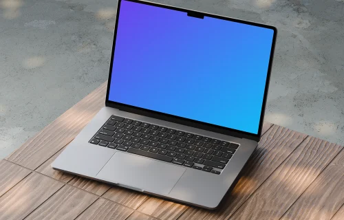 MacBook Air mockup on a wooden surface