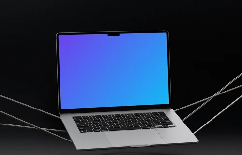 MacBook Air mockup with floating design on a dark background