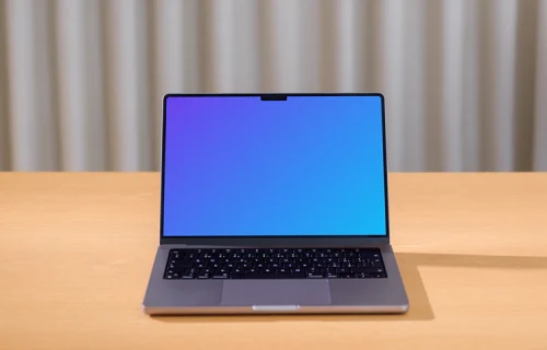 MacBook Pro 14 Mockup on Wooden Desk against Curtained Background